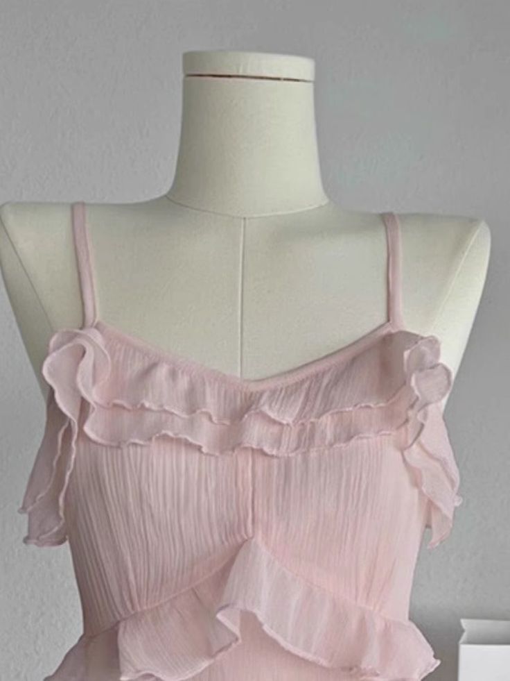 Vestido corto rosa de gasa con volantes, corte A, tirantes finos, para fiesta de graduación, fiesta de bienvenida y cumpleaños GG3145
