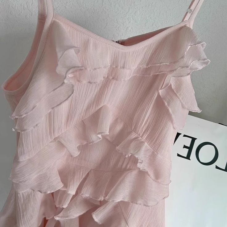Vestido corto rosa de gasa con volantes, corte A, tirantes finos, para fiesta de graduación, fiesta de bienvenida y cumpleaños GG3145