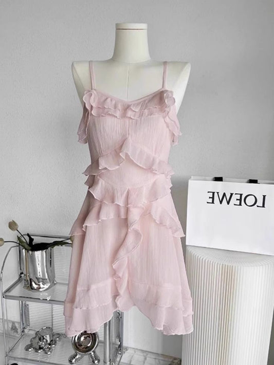 Vestido corto rosa de gasa con volantes, corte A, tirantes finos, para fiesta de graduación, fiesta de bienvenida y cumpleaños GG3145
