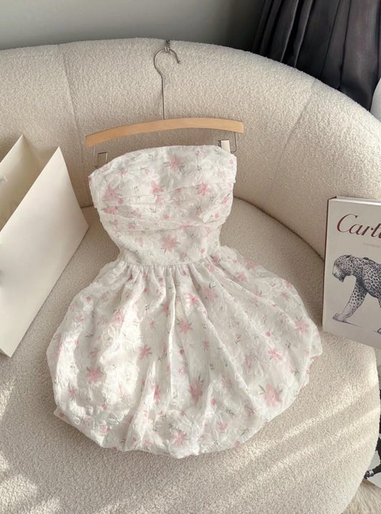 Vestido de fiesta corto de satén floral sin tirantes, corte A, para regreso a casa y cumpleaños GG3149