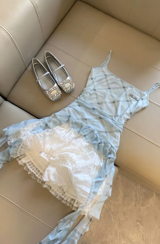 Vestido corto elegante de gasa con tirantes finos, corte A, encaje, para fiesta de bienvenida y cumpleaños GG3155