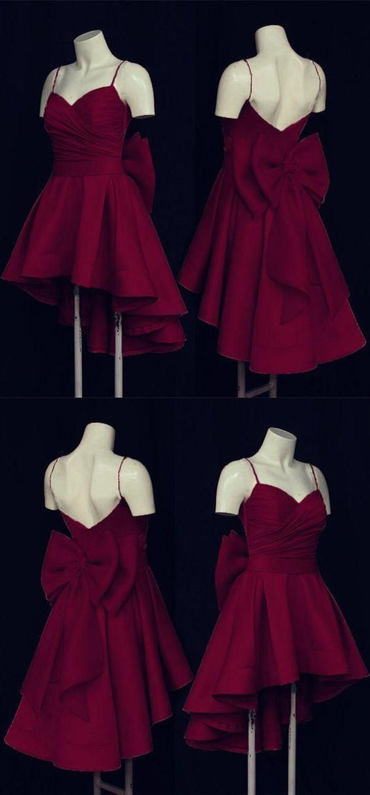 Vestido de fiesta corto burdeos con tirantes finos, lazo de satén, corte A, para regreso a casa y cumpleaños GG3158