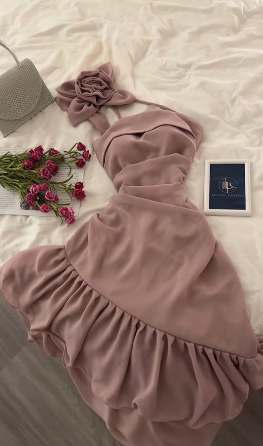 Vestido de fiesta corto de gasa con cuello halter, corte A, único, para regreso a casa y cumpleaños GG3159