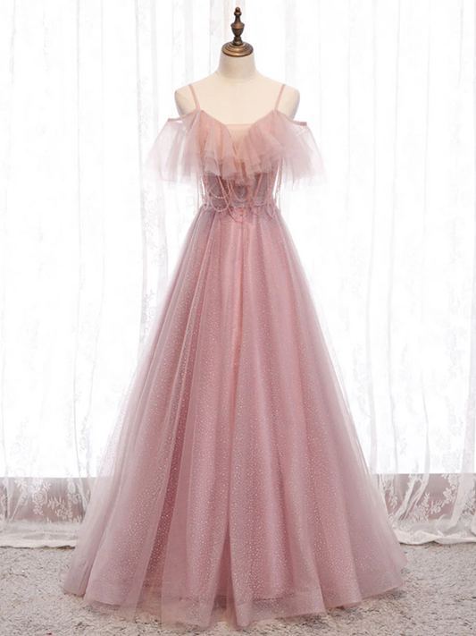Elegante vestido de fiesta largo de tul rosa con escote en A, tirantes finos y hombros descubiertos, vestido de noche GG315