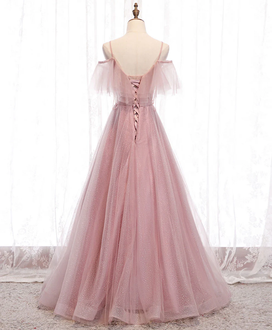 Elegante vestido de fiesta largo de tul rosa con escote en A, tirantes finos y hombros descubiertos, vestido de noche GG315