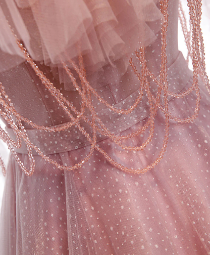 Elegante vestido de fiesta largo de tul rosa con escote en A, tirantes finos y hombros descubiertos, vestido de noche GG315