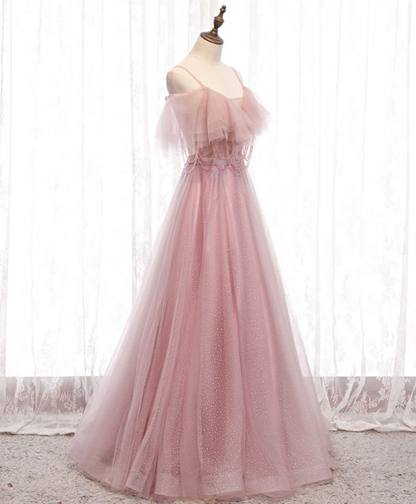 Elegante vestido de fiesta largo de tul rosa con escote en A, tirantes finos y hombros descubiertos, vestido de noche GG315
