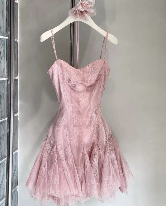 Vestido corto de fiesta con tirantes finos, corte en A, de tul y encaje, ideal para el regreso a casa y para cumpleaños GG3160