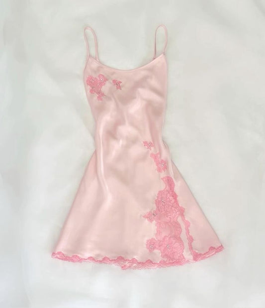 Vestido corto elegante rosa de satén con tirantes finos, corte A, encaje, para fiesta de bienvenida y cumpleaños GG3167