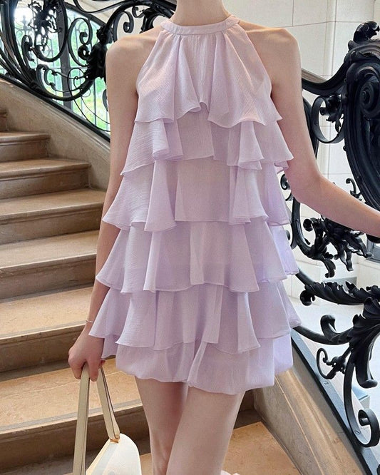Vestido de fiesta corto de gasa con cuello halter, corte A, para regreso a casa y cumpleaños GG3175