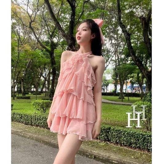 Vestido de fiesta corto de gasa con cuello halter, corte A, color melocotón, para regreso a casa y cumpleaños GG3176