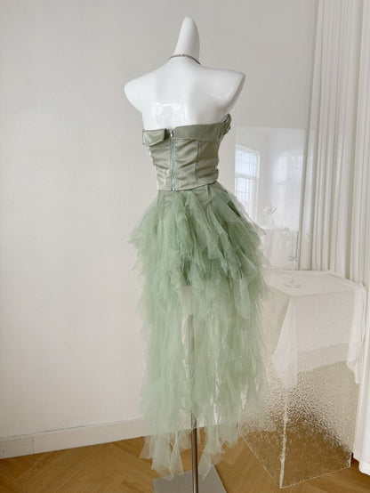 Vestido de fiesta corto de tul satinado sin tirantes, corte A, único, para regreso a casa y cumpleaños GG3178