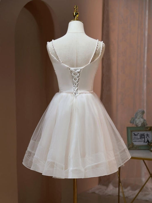 Vestido de fiesta corto con tirantes finos, satén, tul y cuentas, corte A, para regreso a casa y cumpleaños, GG3180