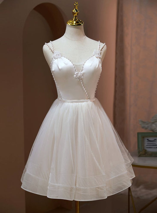 Vestido de fiesta corto con tirantes finos, satén, tul y cuentas, corte A, para regreso a casa y cumpleaños, GG3180