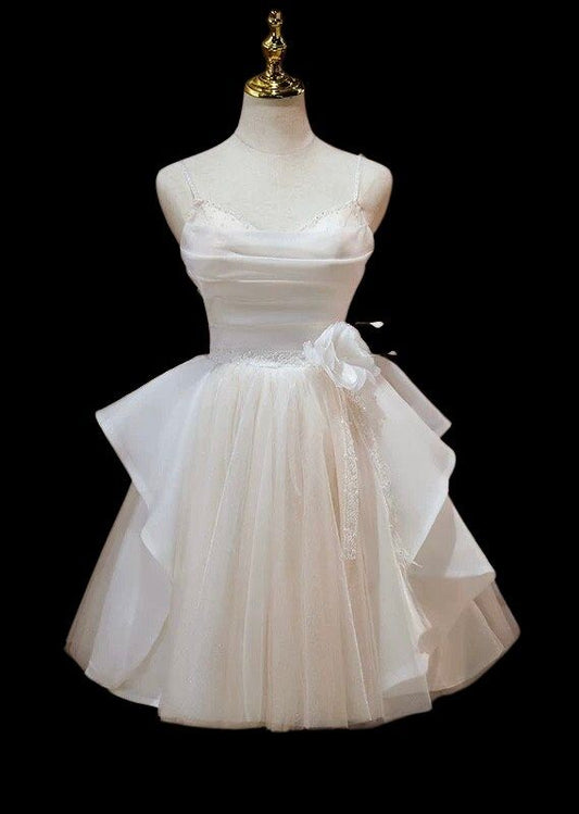 Elegante vestido de fiesta corto de tul y gasa con tirantes finos, corte A, para regreso a casa y cumpleaños GG3181