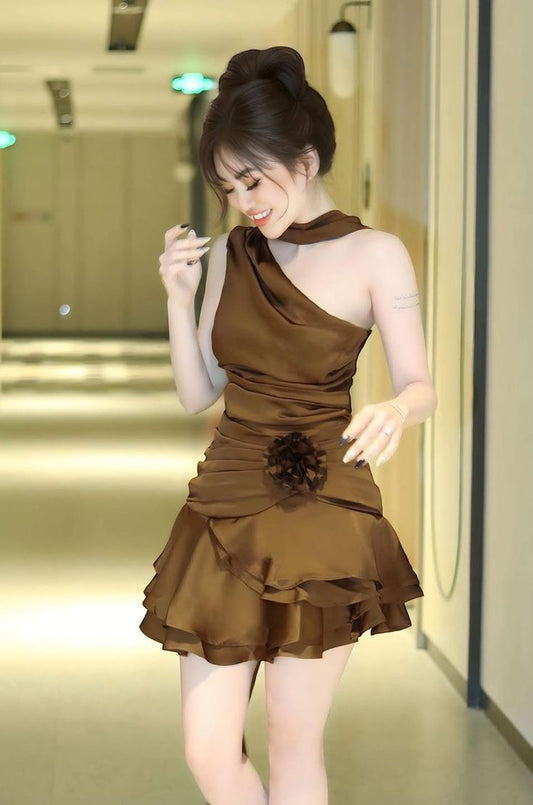 Vestido de fiesta corto de satén marrón con un solo hombro, corte en A, para regreso a casa y cumpleaños GG3186