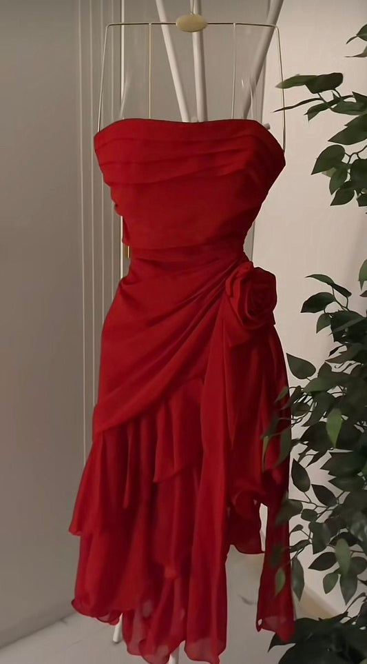 Vestido de fiesta corto de gasa rojo sin tirantes, corte A, para regreso a casa y cumpleaños GG3187