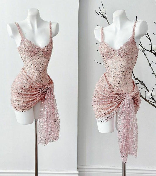 Vestido corto elegante de tul con lentejuelas y tirantes finos, corte A, para fiesta de bienvenida y cumpleaños, GG3189