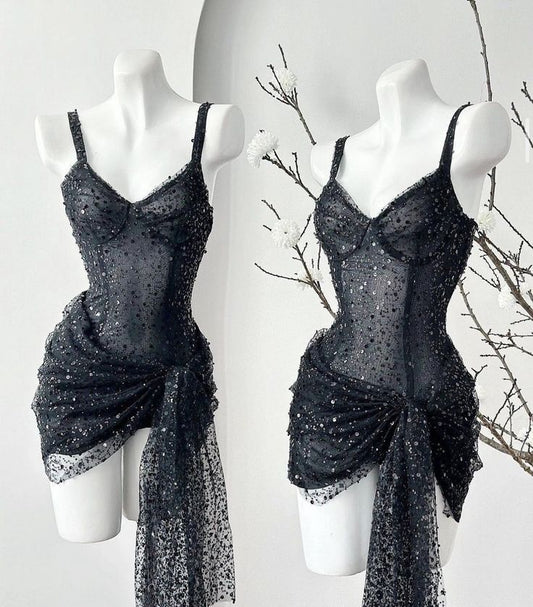 Vestido corto elegante de tul con lentejuelas y tirantes finos, corte A, para fiesta de bienvenida y cumpleaños, GG3189