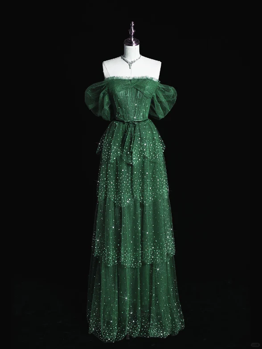 Vestido de fiesta largo de tul verde brillante con hombros descubiertos y cuentas, vestido de noche GG318