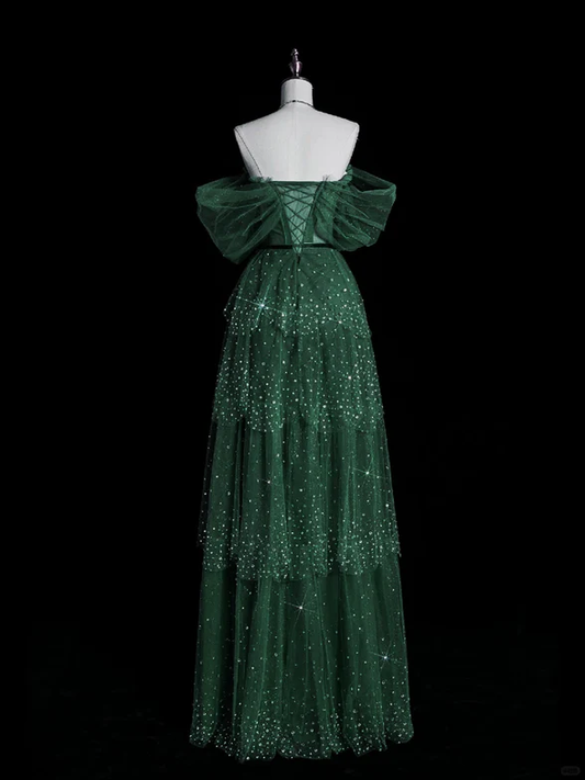 Vestido de fiesta largo de tul verde brillante con hombros descubiertos y cuentas, vestido de noche GG318