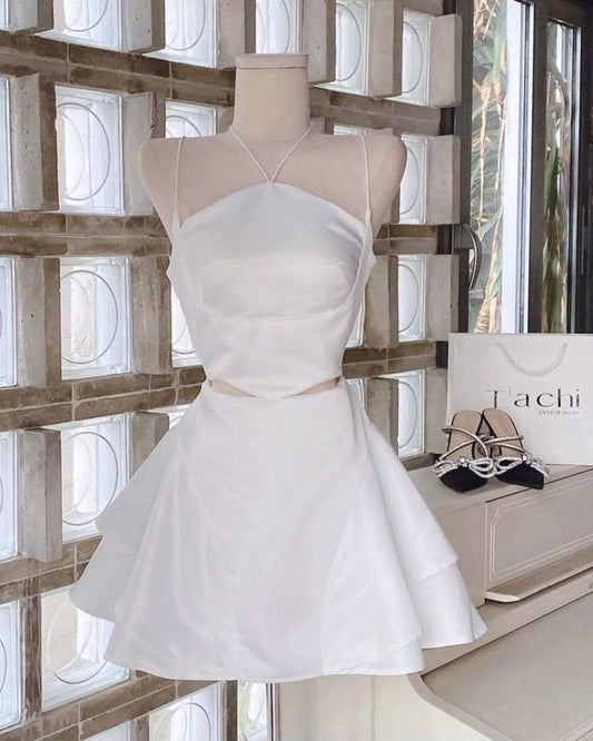 Vestido corto de satén blanco con escote en A y tirantes finos, ideal para fiesta de graduación o cumpleaños, GG3192