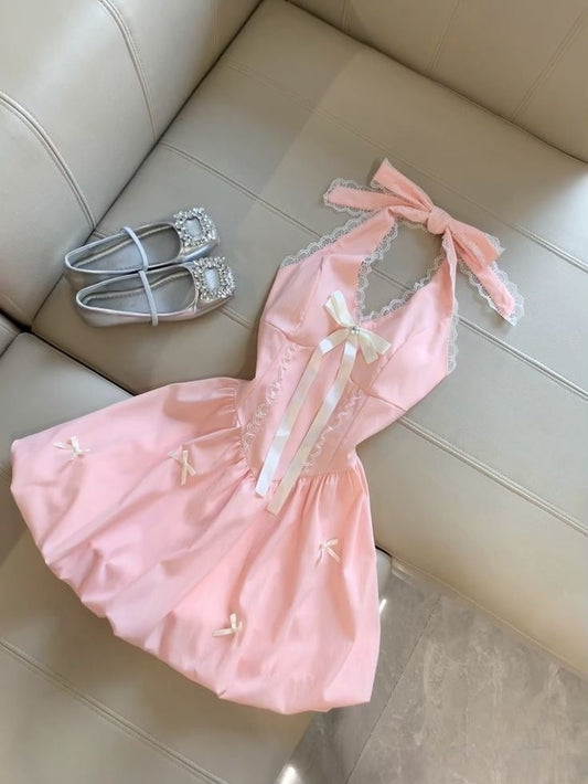 Vestido corto rosa de fiesta, corte A, con cuello halter, satén y encaje, lazo, para regreso a casa y cumpleaños, GG3194