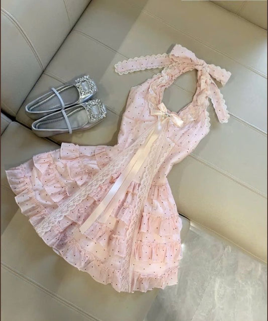 Vestido de fiesta corto de satén con encaje y cuello halter, corte A, color rosa, para regreso a casa y cumpleaños, GG3195
