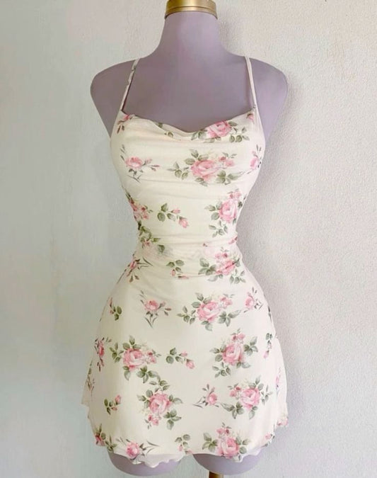 Vestido de fiesta corto de gasa con tirantes halter, corte A, floral, para regreso a casa y cumpleaños GG3199