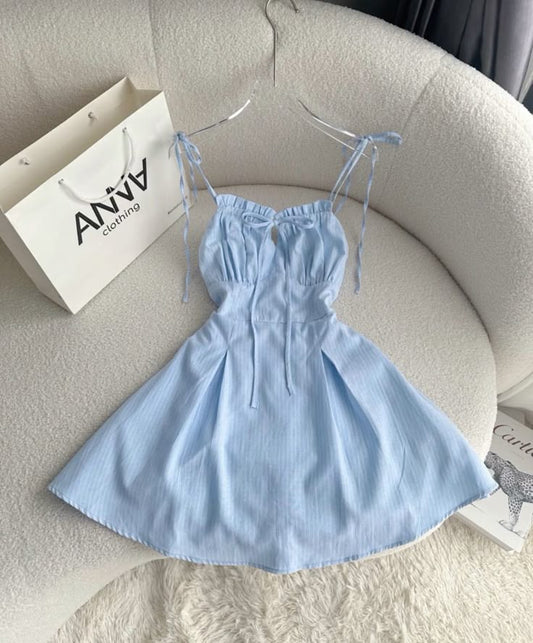 Vestido de fiesta corto de satén azul pálido con tirantes finos, corte A, para regreso a casa y cumpleaños GG3207