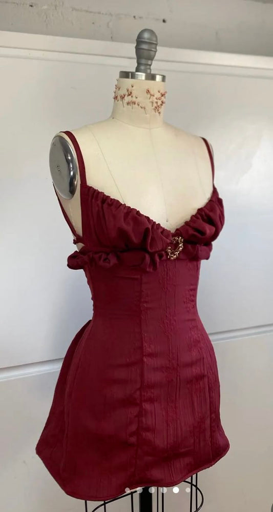Vestido de fiesta corto de satén con encaje y tirantes finos en color burdeos, sexy, corte en A, para regreso a casa y cumpleaños, GG3216