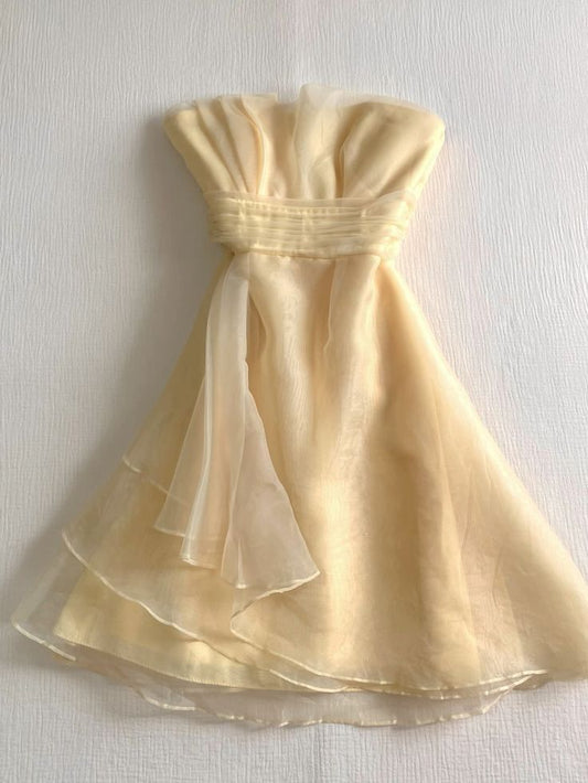 Vestido de fiesta corto de gasa amarillo pastel, corte A, sin mangas, para regreso a casa y cumpleaños, GG3218