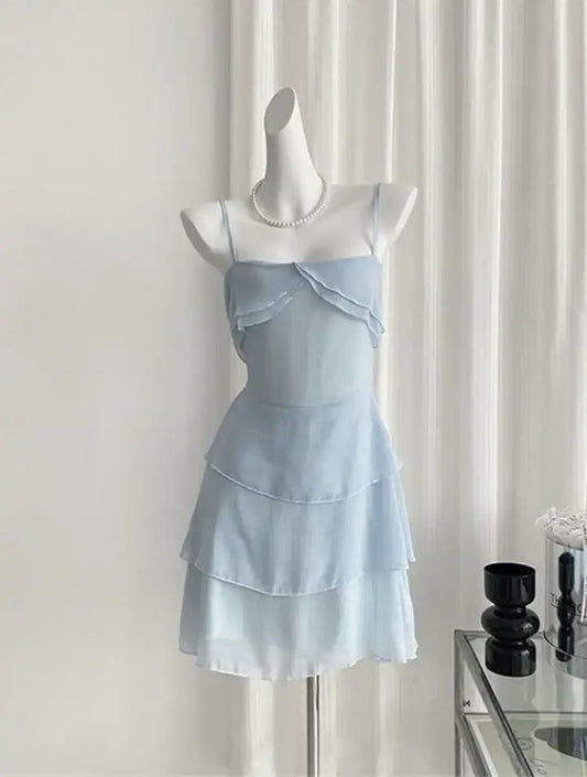 Vestido de fiesta corto de gasa azul pálido con escote en A y tirantes finos, de gasa, con capas, para regreso a casa y cumpleaños GG3220