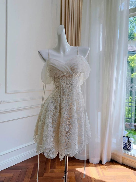 Vestido corto de fiesta, de tul, con encaje y tirantes finos, corte en A, para regreso a casa y cumpleaños, GG3222