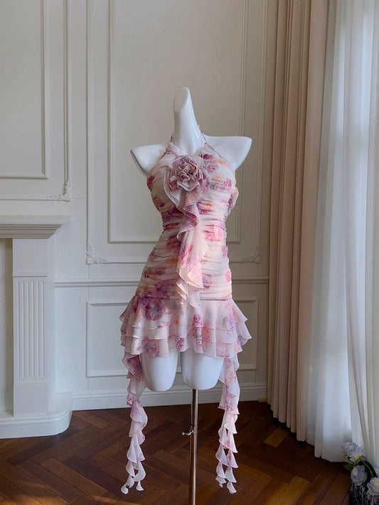 Vestido de fiesta corto elegante de gasa con cuello halter y estampado floral, vestido de regreso a casa y vestido de cumpleaños GG3223
