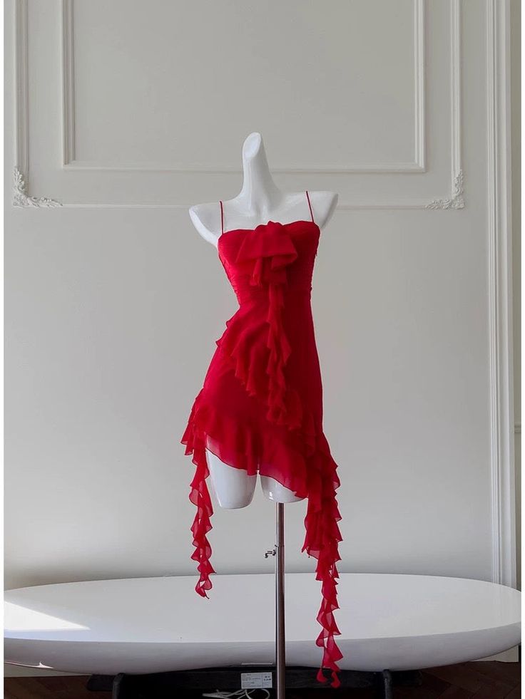 Vestido corto rojo de gasa con volantes, corte A, con espaguetis y estrellas, para fiesta de bienvenida y cumpleaños GG3224