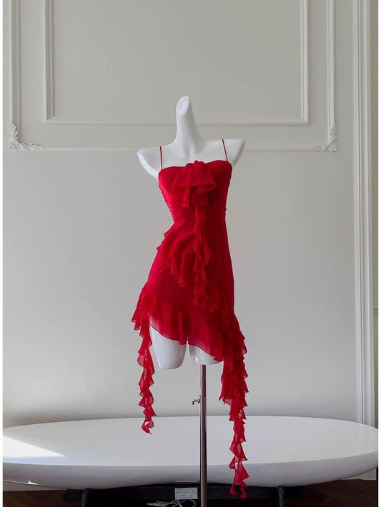 Vestido corto rojo de gasa con volantes, corte A, con espaguetis y estrellas, para fiesta de bienvenida y cumpleaños GG3224