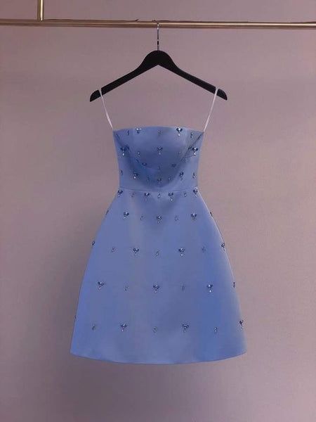 Vestido de fiesta corto de satén con tirantes finos, corte A, con cuentas, para regreso a casa y cumpleaños GG3228