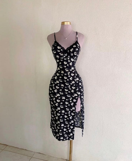 Vestido corto elegante de sirena con tirantes finos, estampado floral de satén y abertura para fiesta, regreso a casa y cumpleaños GG3233