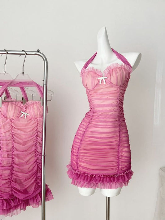 Vestido de fiesta corto de tul con escote halter y corte sirena, sexy, para regreso a casa y cumpleaños GG3236