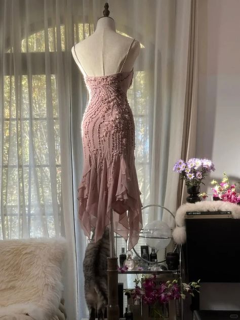 Vestido de fiesta corto de gasa rosa empolvado con tirantes finos y cuentas, estilo sirena, para regreso a casa y cumpleaños GG3238
