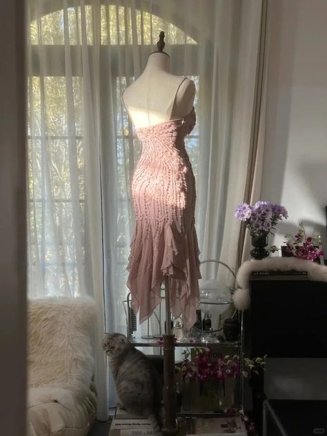 Vestido de fiesta corto de gasa rosa empolvado con tirantes finos y cuentas, estilo sirena, para regreso a casa y cumpleaños GG3238