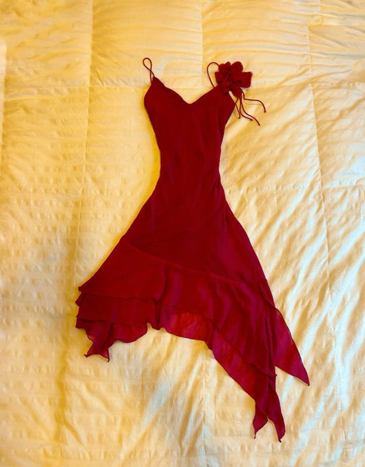 Vestido de fiesta corto de gasa con tirantes finos, corte en A, color burdeos, para regreso a casa y cumpleaños GG3239