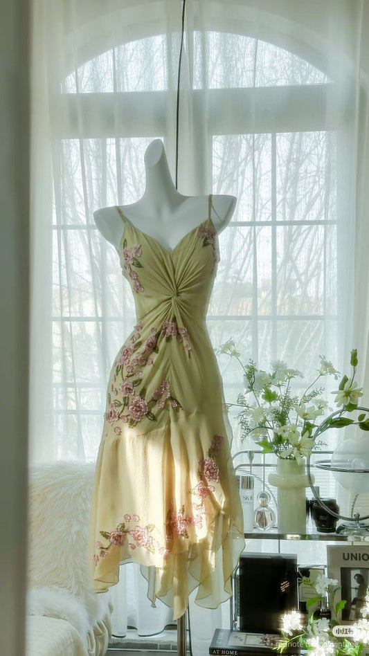Vestido corto de gasa con tirantes finos, corte A, apliques, para fiesta de bienvenida y cumpleaños, GG3241