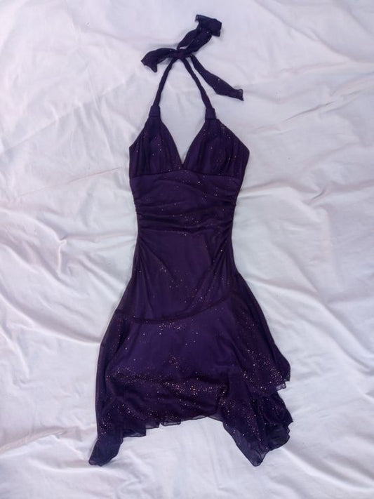Vestido de fiesta corto morado oscuro de gasa con lentejuelas y escote halter, corte A, para regreso a casa y cumpleaños GG3244