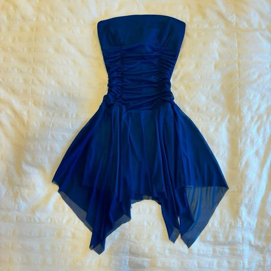 Vestido de fiesta corto de gasa azul sin tirantes, corte A, para regreso a casa y cumpleaños GG3245