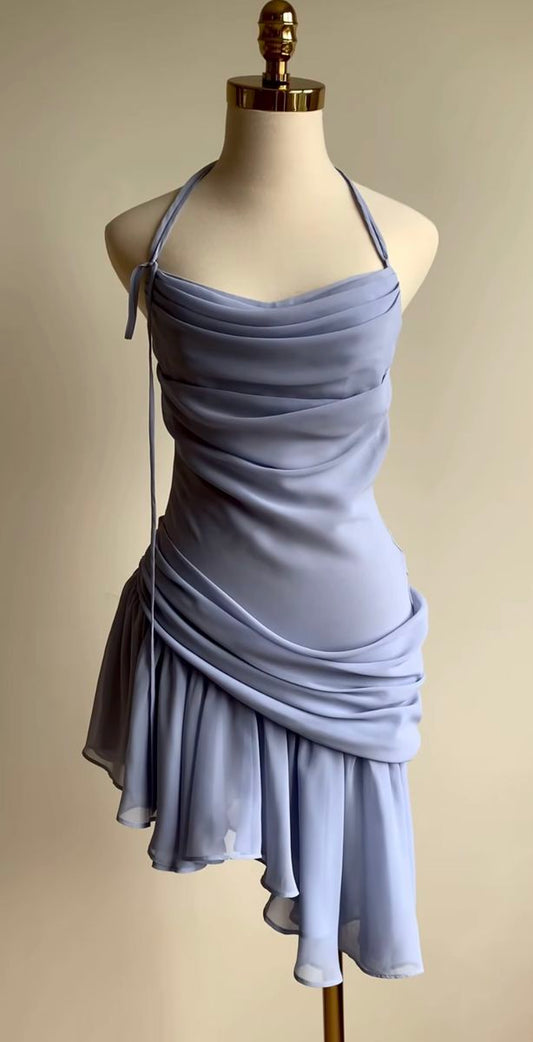 Vestido de fiesta corto plisado de gasa con cuello halter y corte sirena color lavanda, vestido de bienvenida y vestido de cumpleaños GG3252