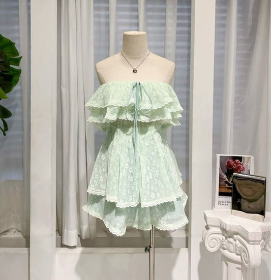 Vestido de fiesta corto de satén con encaje, corte A, sin tirantes, color salvia, para regreso a casa y cumpleaños, GG3254