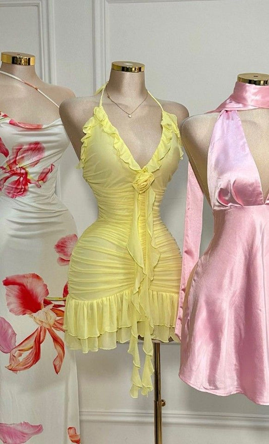 Vestido de fiesta corto amarillo de gasa con escote halter y escote en V, con volantes, para fiesta de bienvenida y cumpleaños GG3264
