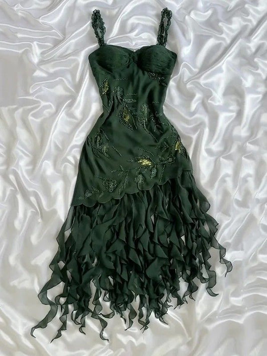 Vestido de fiesta corto verde oscuro de corte A con tirantes finos, de gasa, con apliques y volantes, para regreso a casa y cumpleaños GG3267